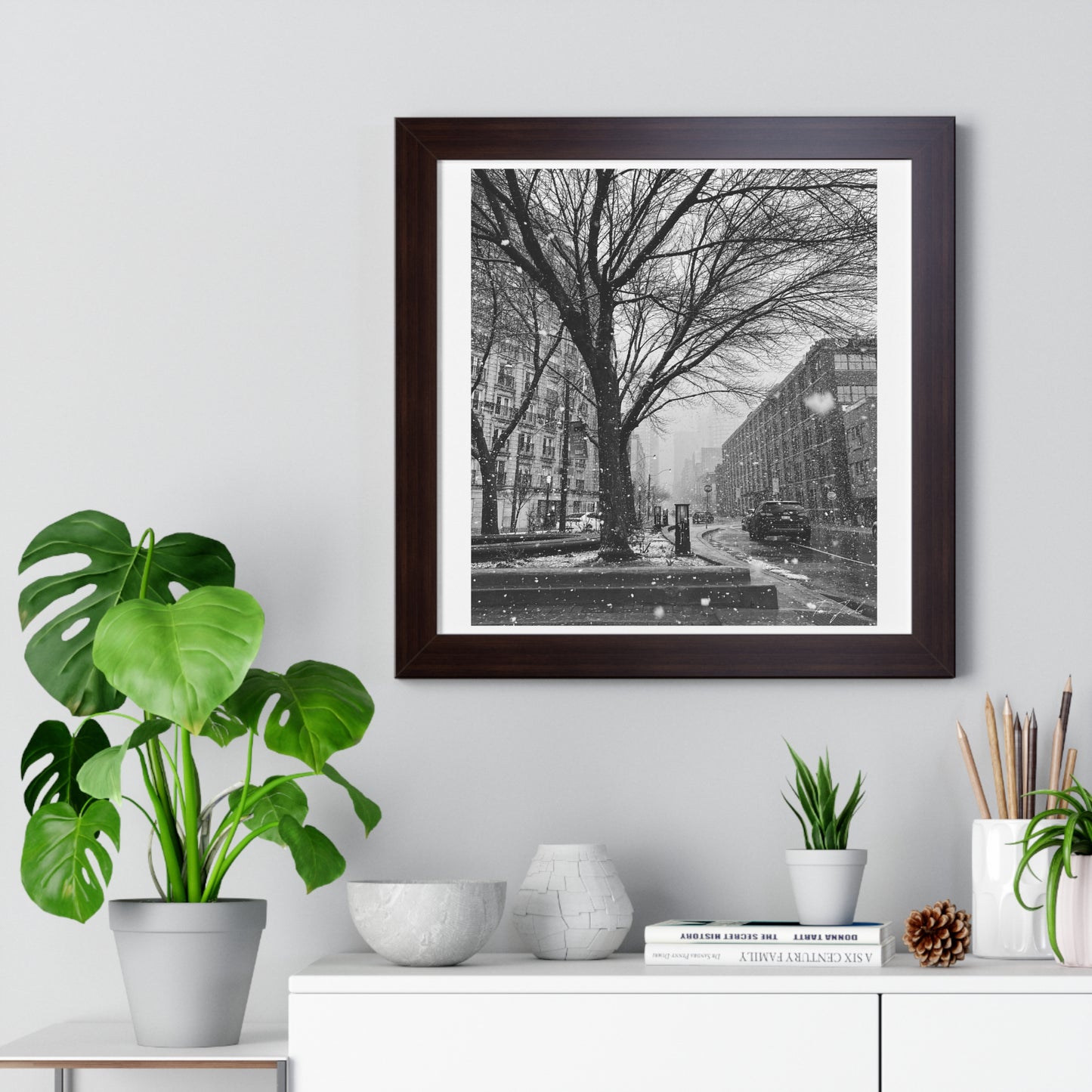 Snowfall Downtown - Framed Vertical Poster
