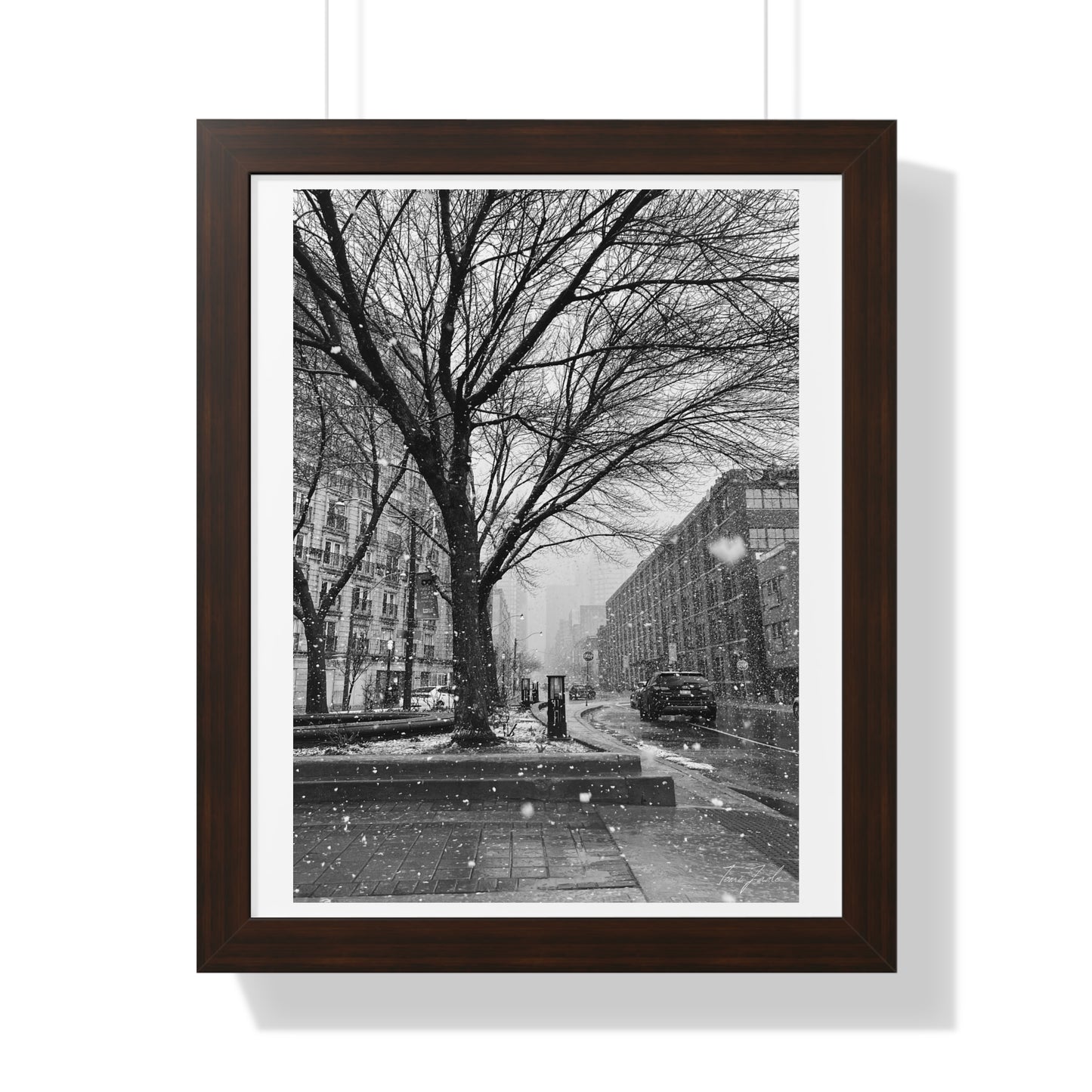 Snowfall Downtown - Framed Vertical Poster