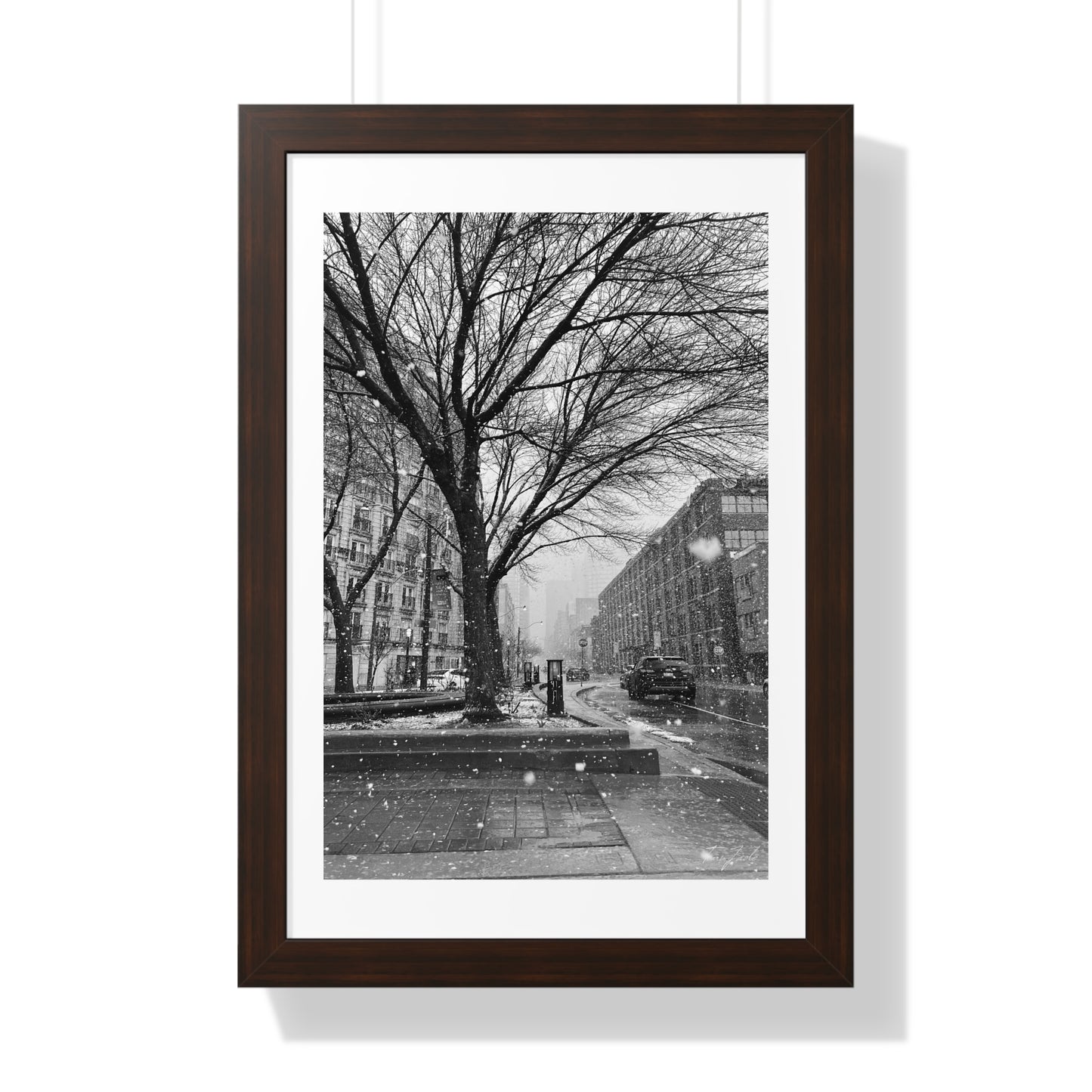 Snowfall Downtown - Framed Vertical Poster