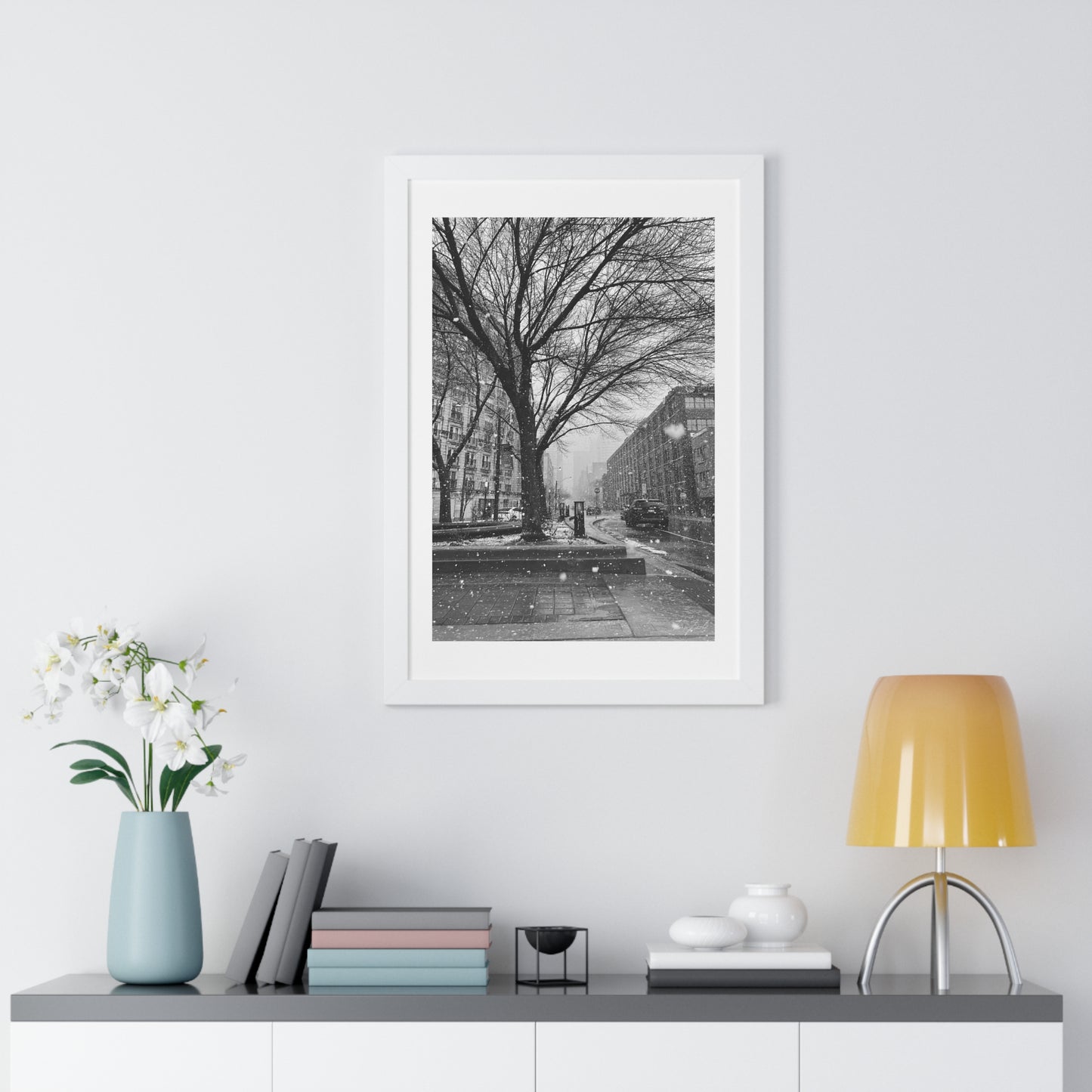 Snowfall Downtown - Framed Vertical Poster