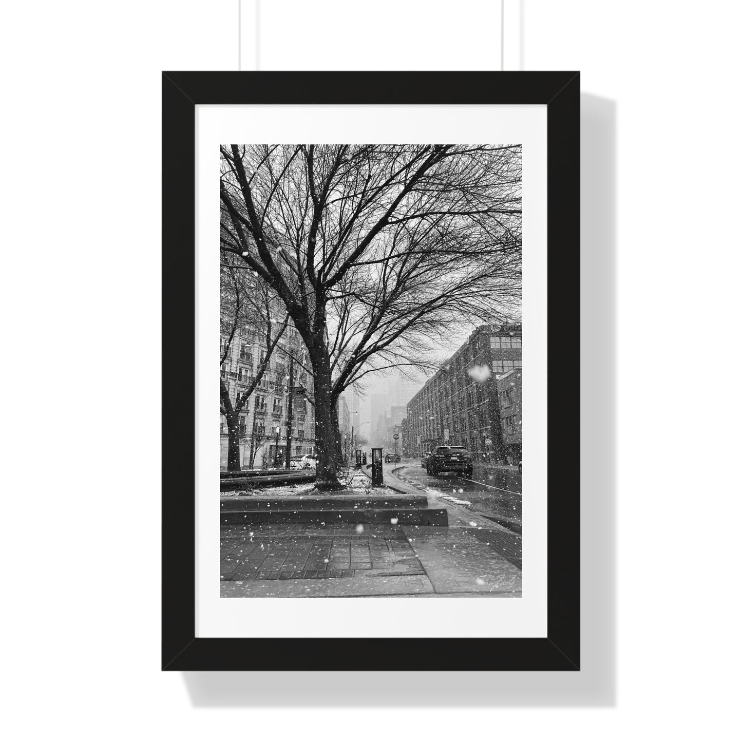 Snowfall Downtown - Framed Vertical Poster