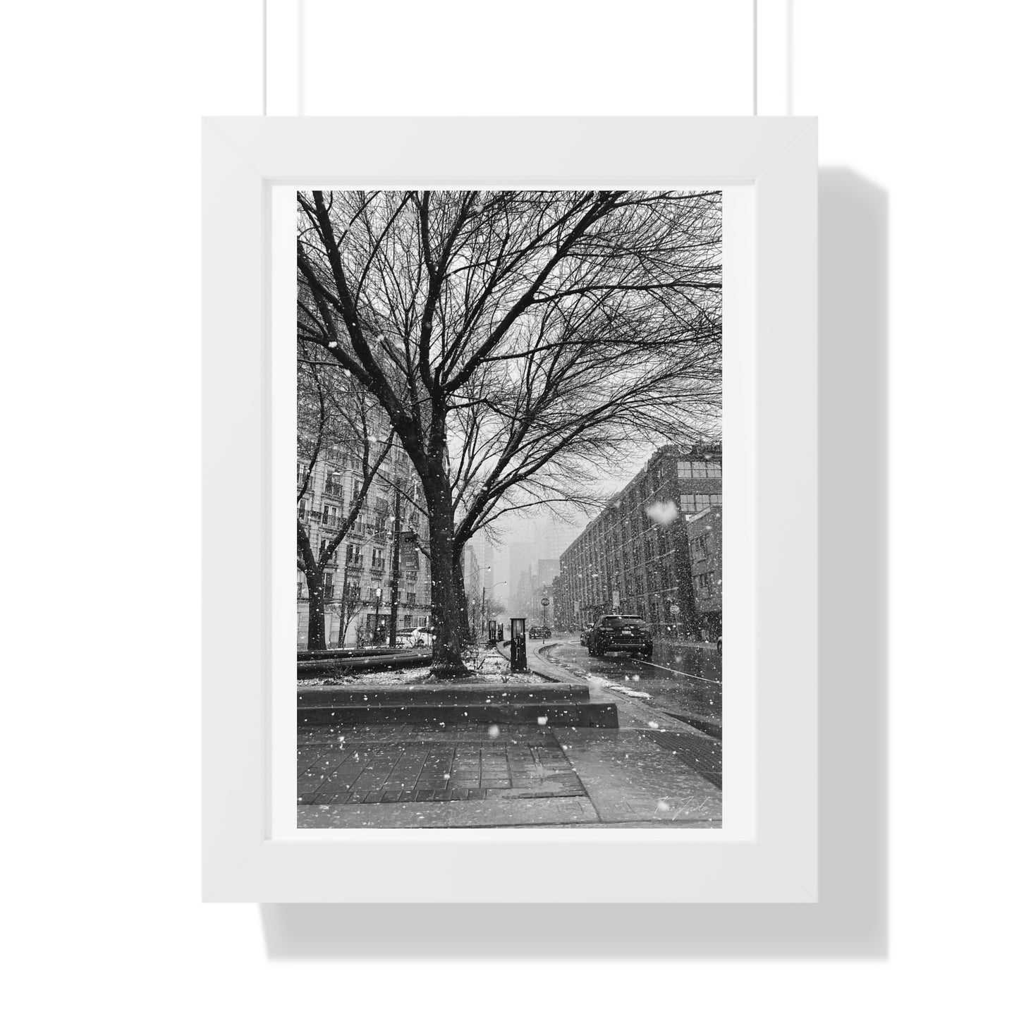 Snowfall Downtown - Framed Vertical Poster