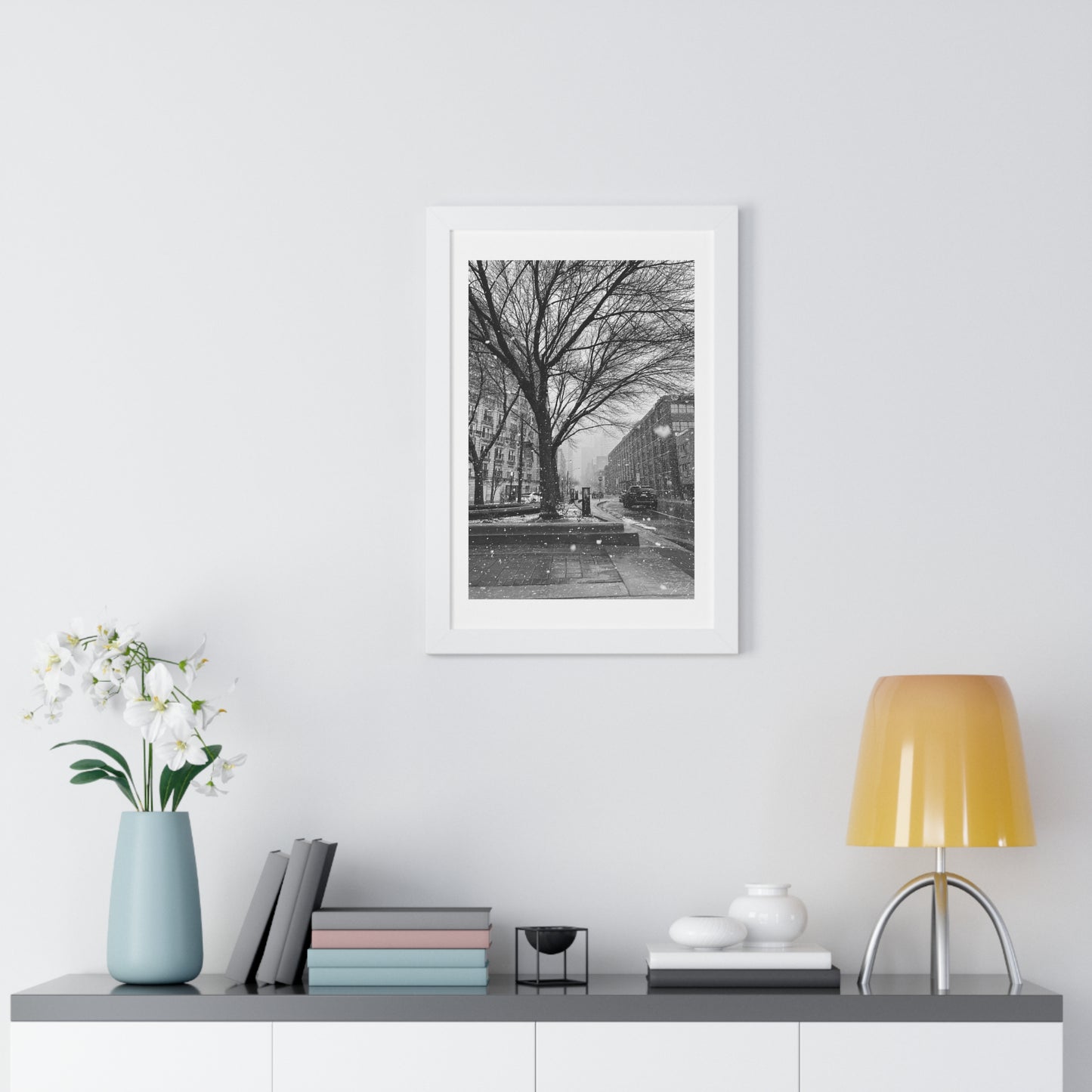 Snowfall Downtown - Framed Vertical Poster