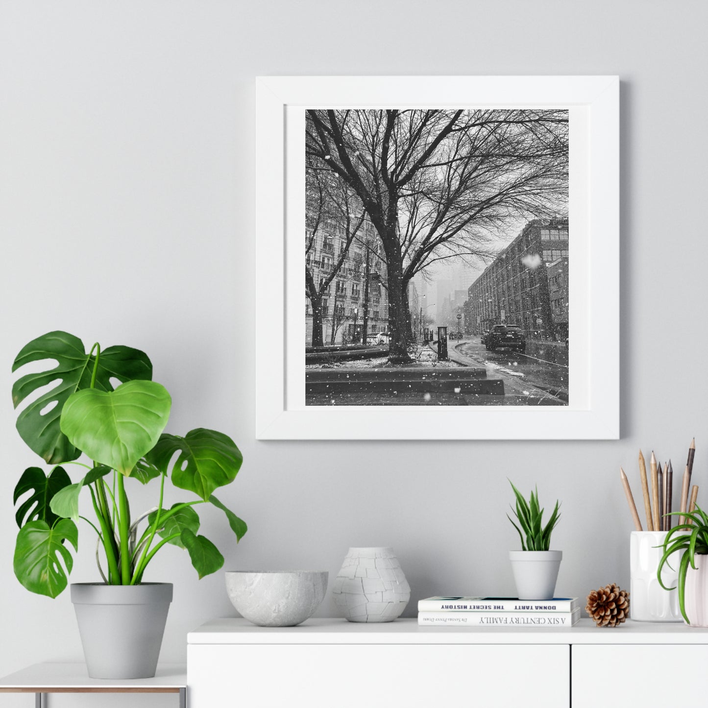 Snowfall Downtown - Framed Vertical Poster