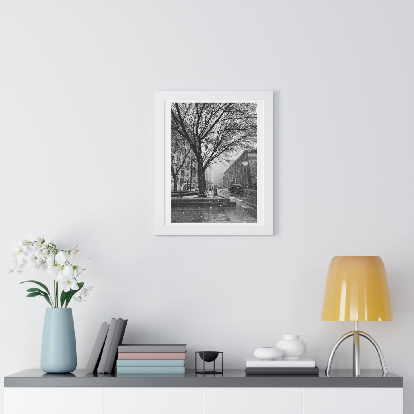 Snowfall Downtown - Framed Vertical Poster