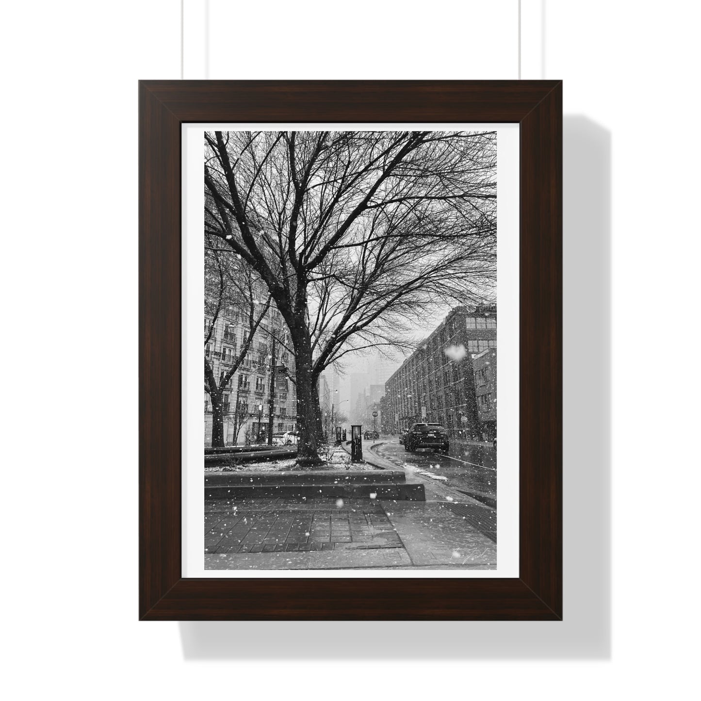 Snowfall Downtown - Framed Vertical Poster