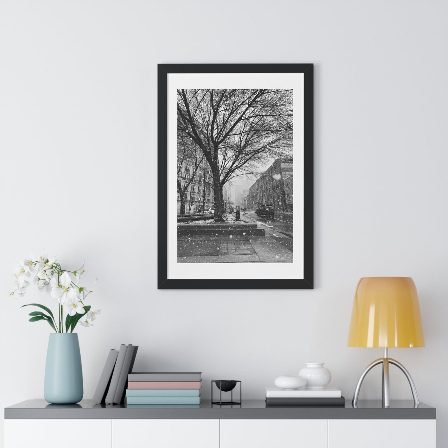 Snowfall Downtown - Framed Vertical Poster