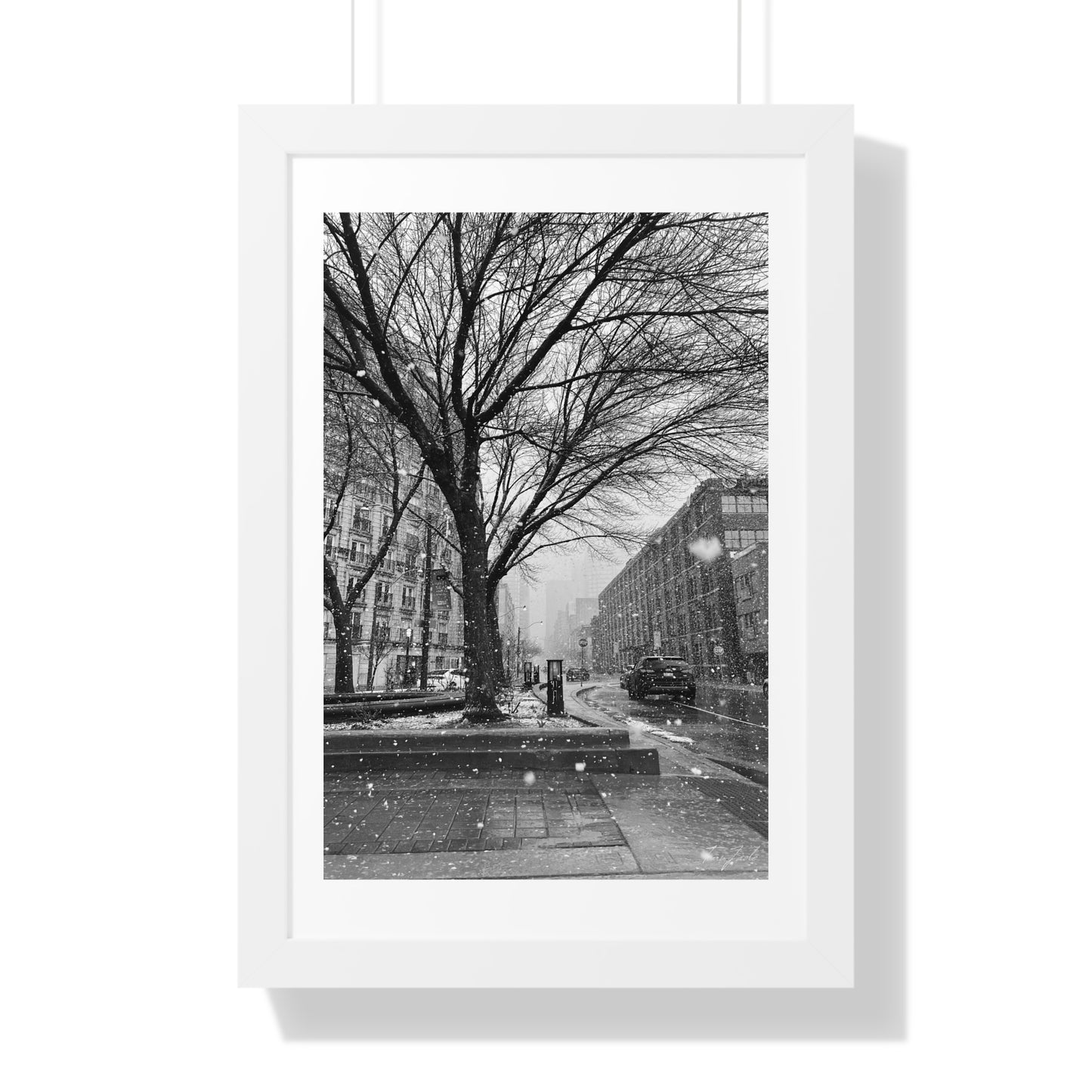 Snowfall Downtown - Framed Vertical Poster