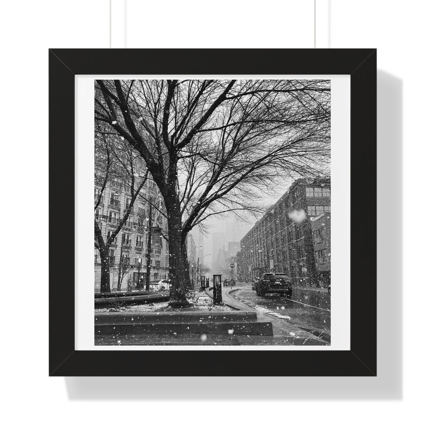 Snowfall Downtown - Framed Vertical Poster