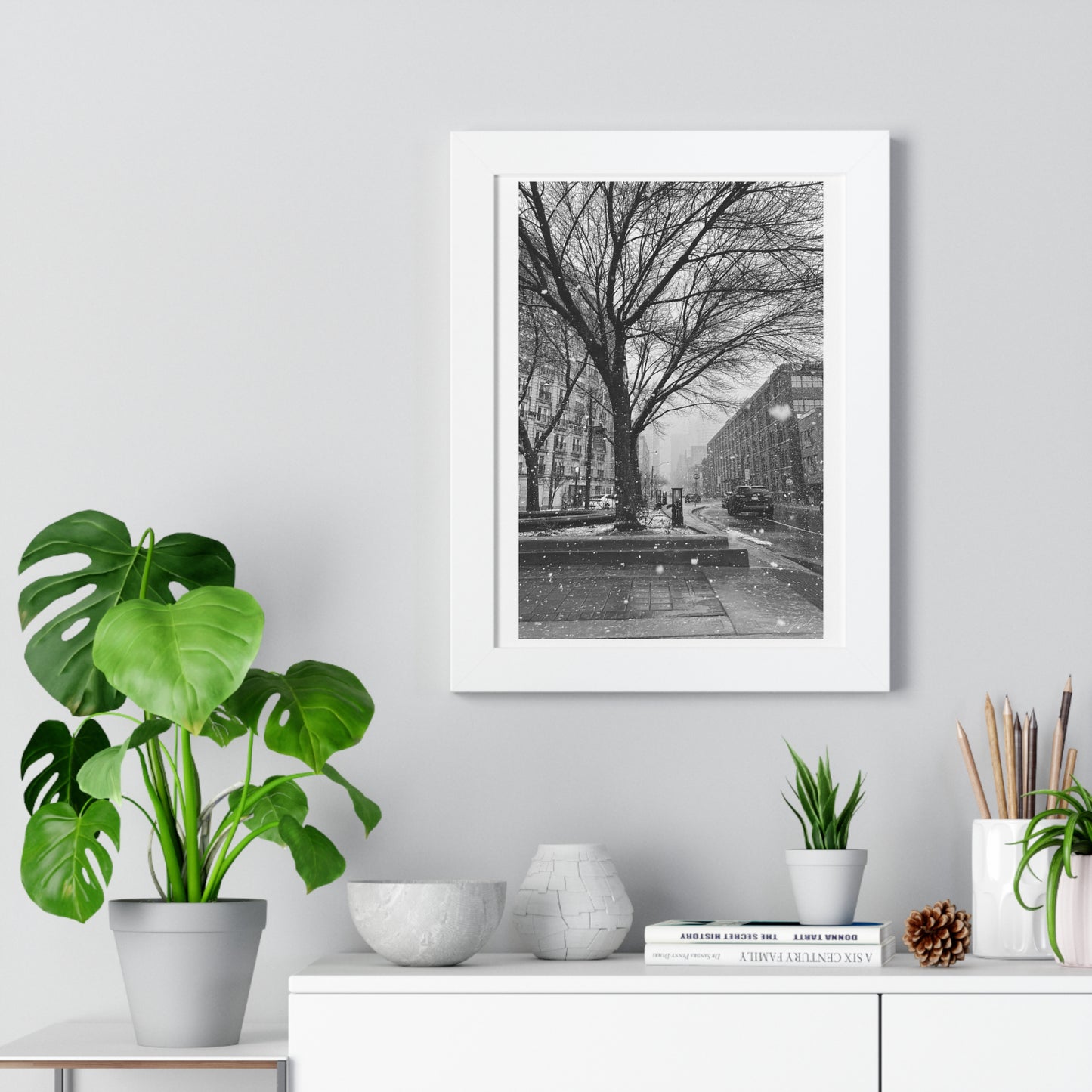 Snowfall Downtown - Framed Vertical Poster