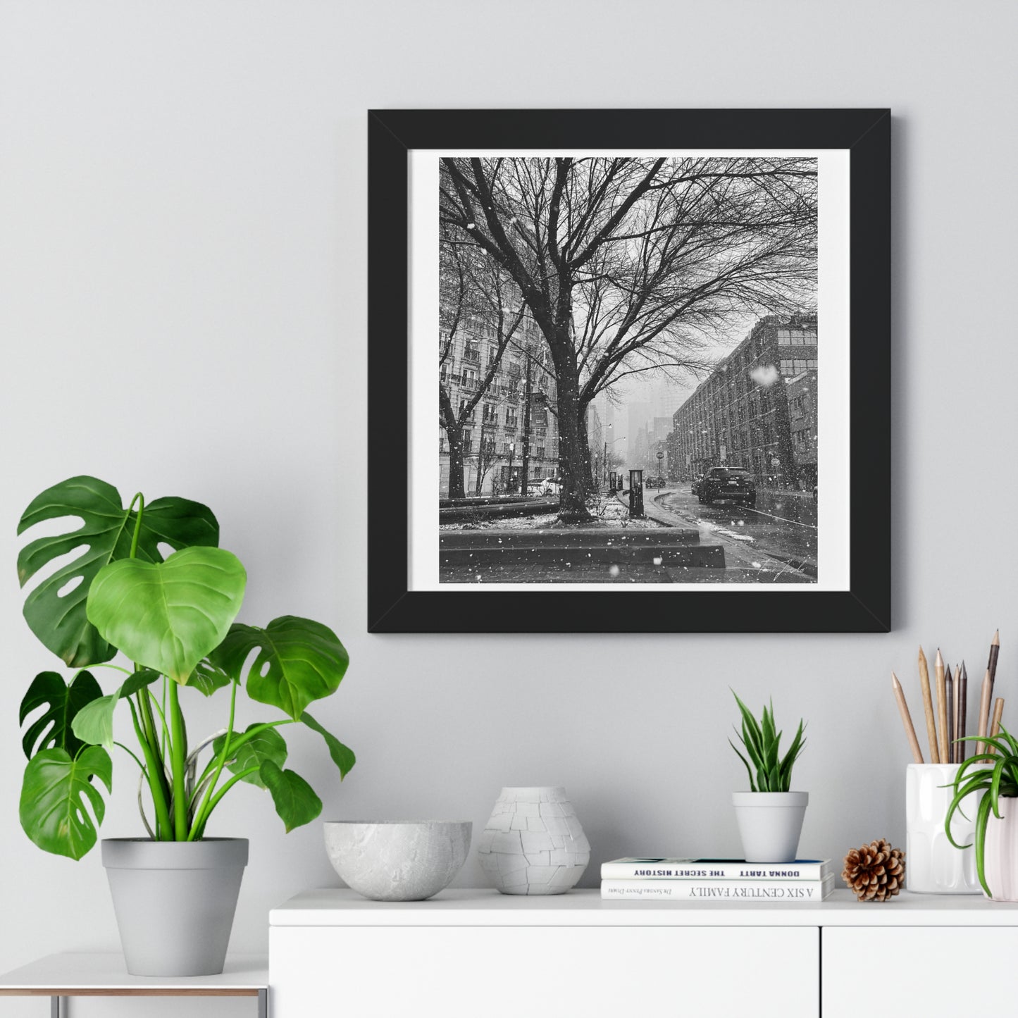 Snowfall Downtown - Framed Vertical Poster