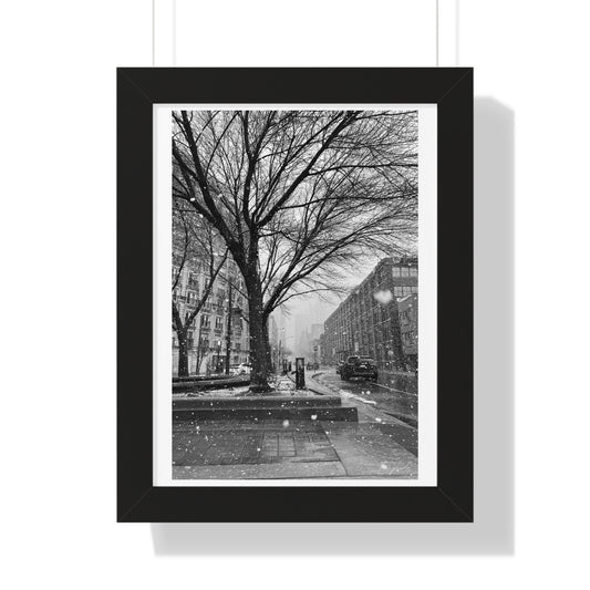 Snowfall Downtown - Framed Vertical Poster