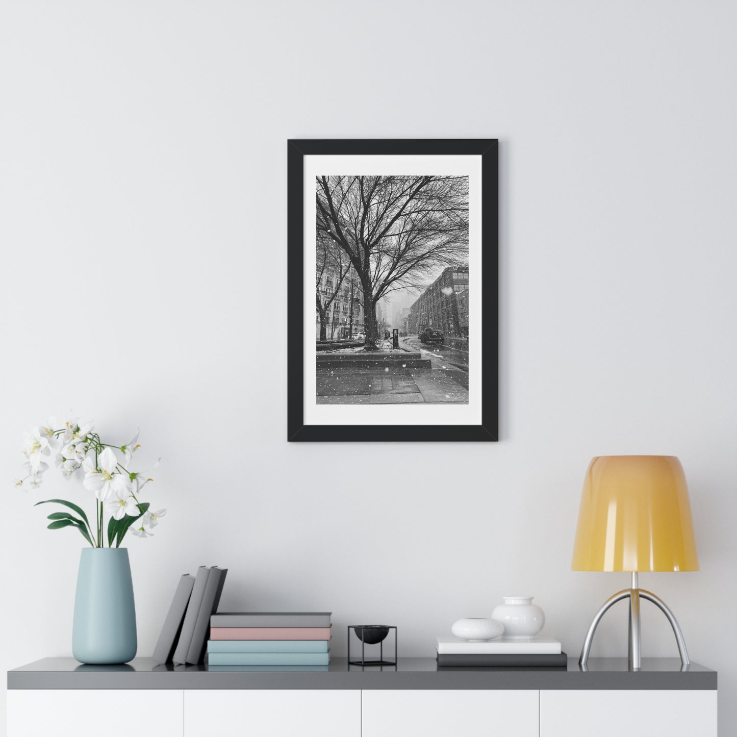 Snowfall Downtown - Framed Vertical Poster