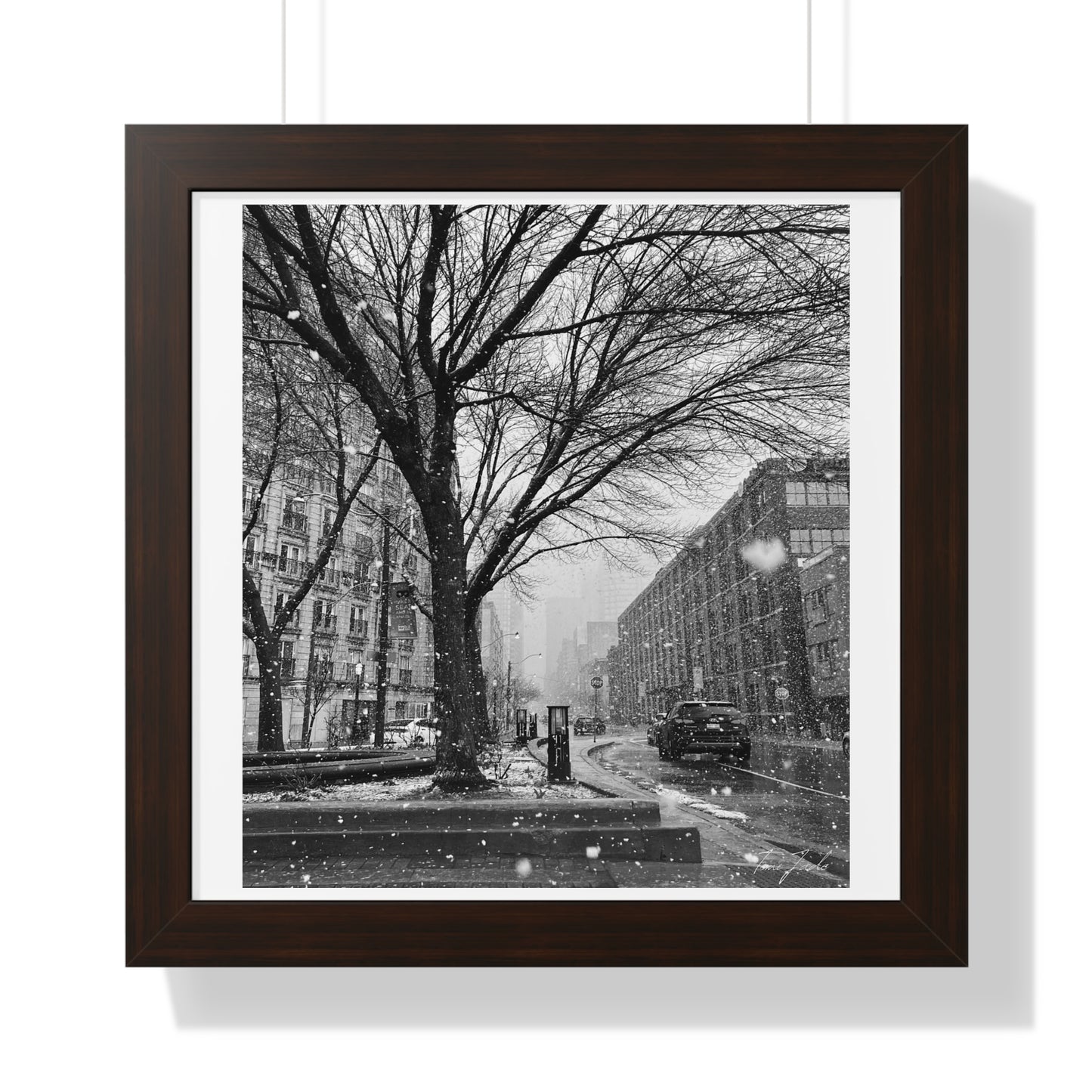 Snowfall Downtown - Framed Vertical Poster
