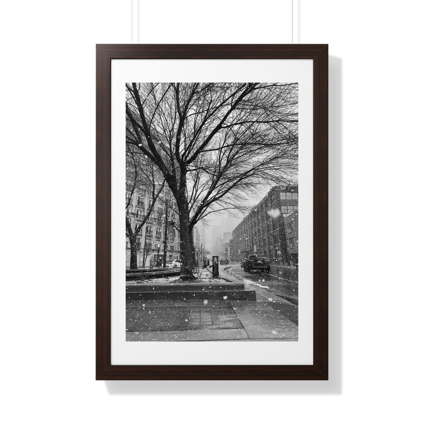 Snowfall Downtown - Framed Vertical Poster