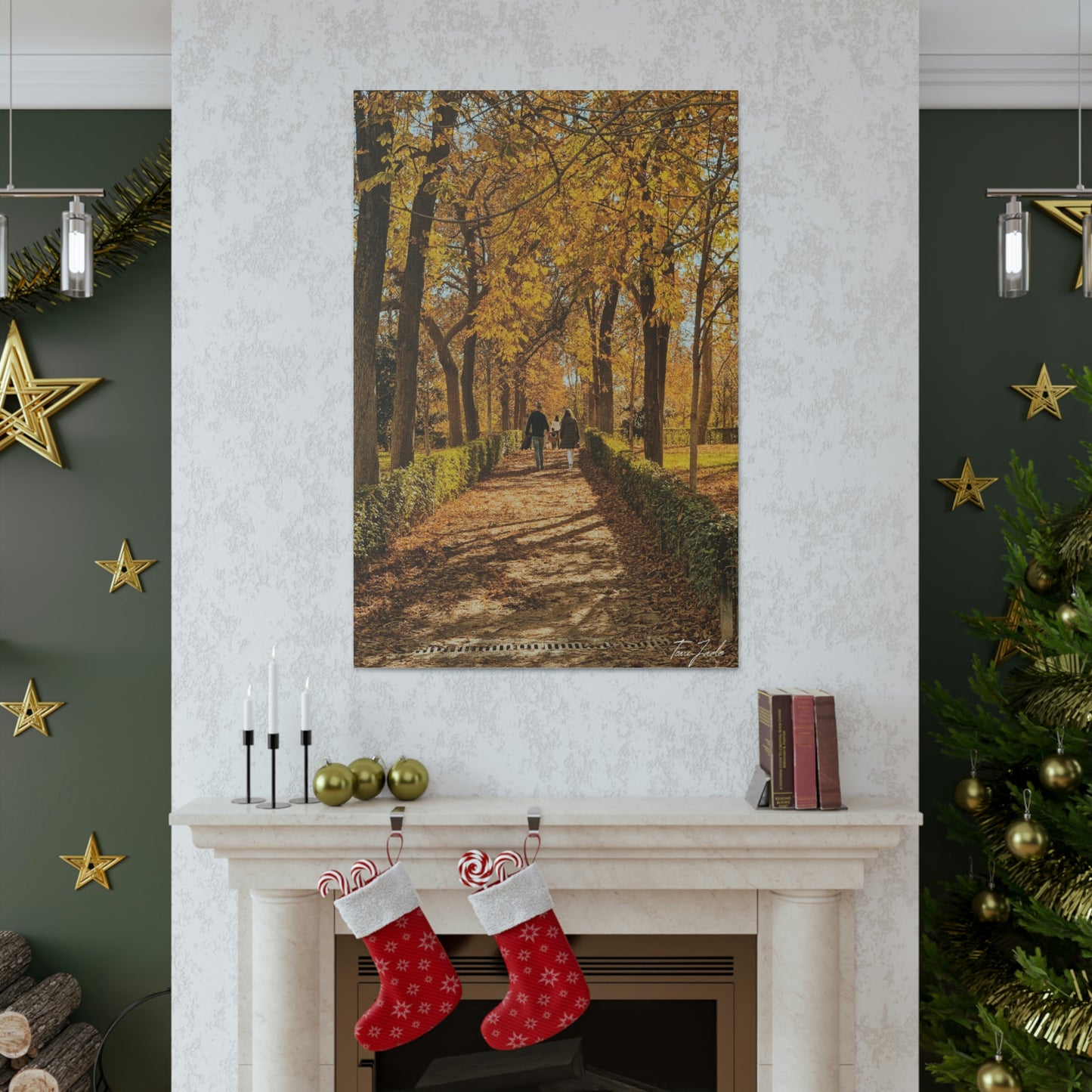 Our fall wall art in Spain is very colorful and vibrant. A couple is walking on the park trail with other families in front, the bright yellow leaves surrounding them. This canvas is a size 32 x 48.