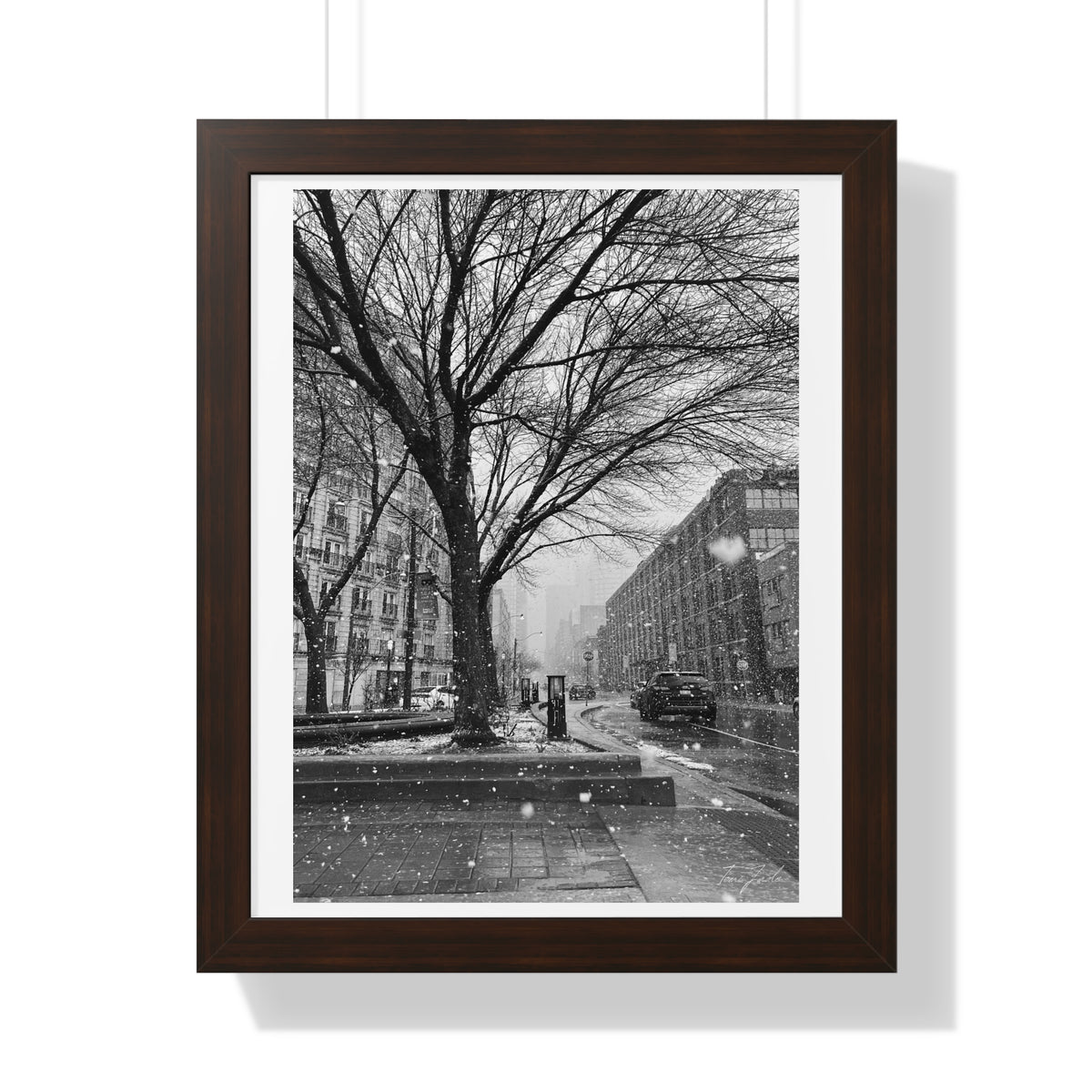 Snowfall Downtown - Framed Vertical Poster
