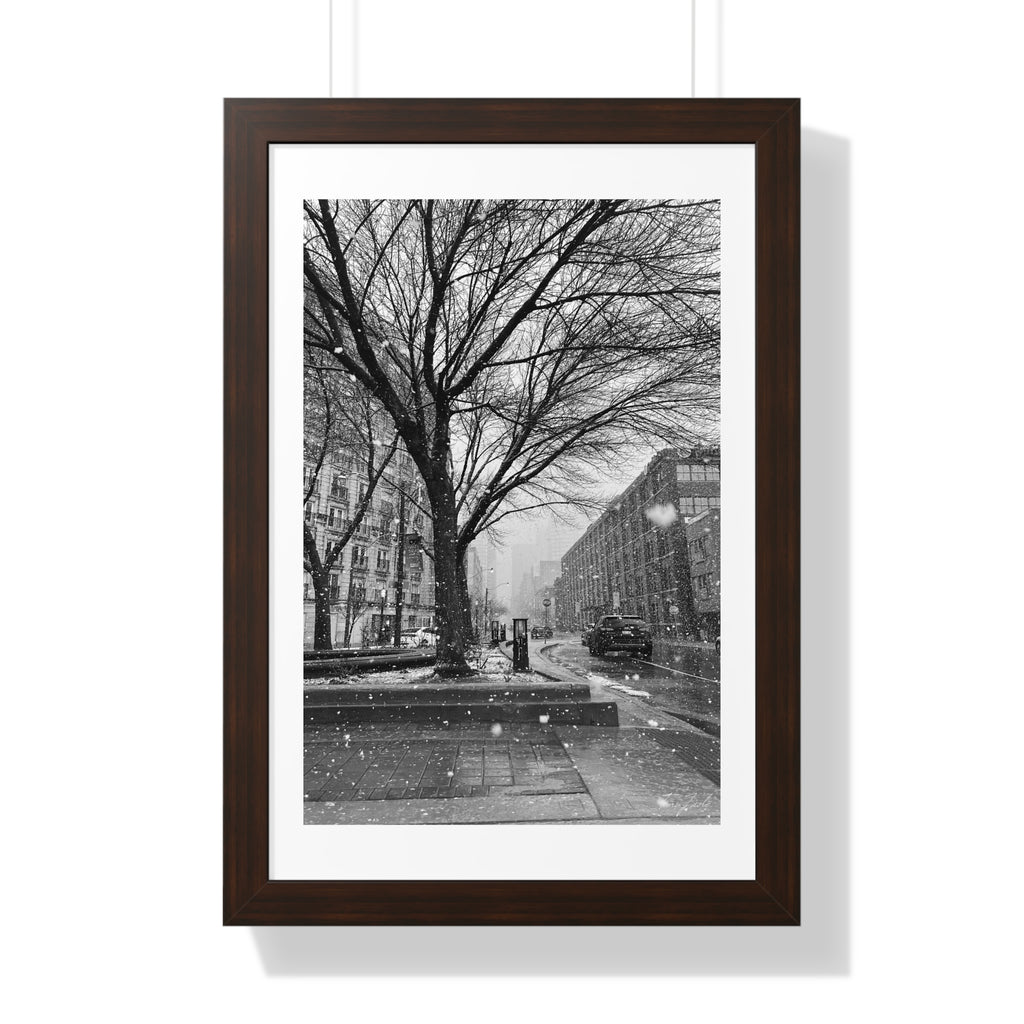 Snowfall Downtown - Framed Vertical Poster