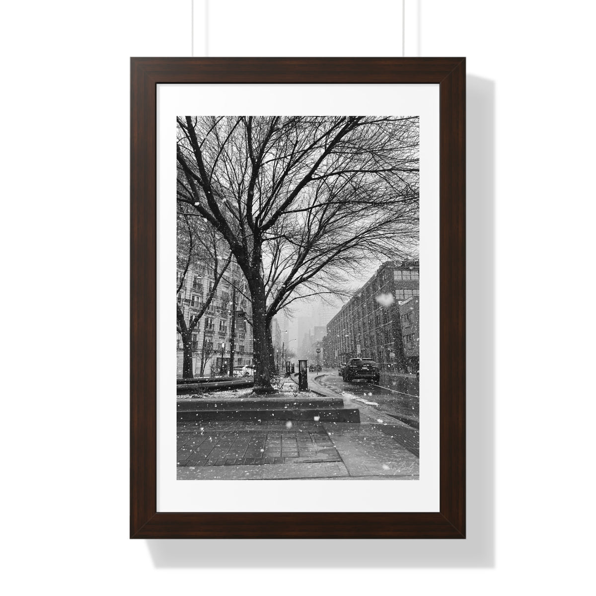 Snowfall Downtown - Framed Vertical Poster