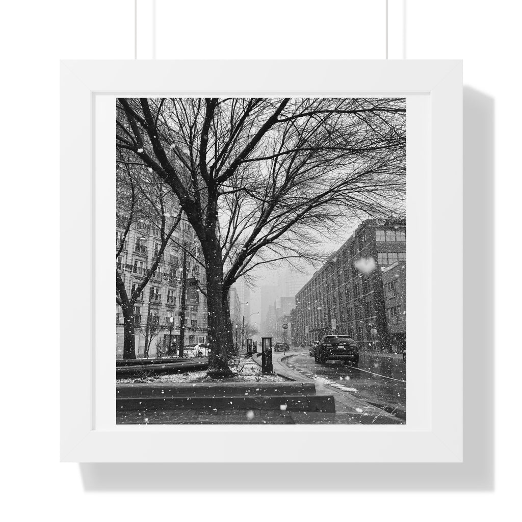 Snowfall Downtown - Framed Vertical Poster