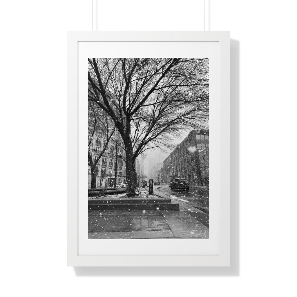Snowfall Downtown - Framed Vertical Poster