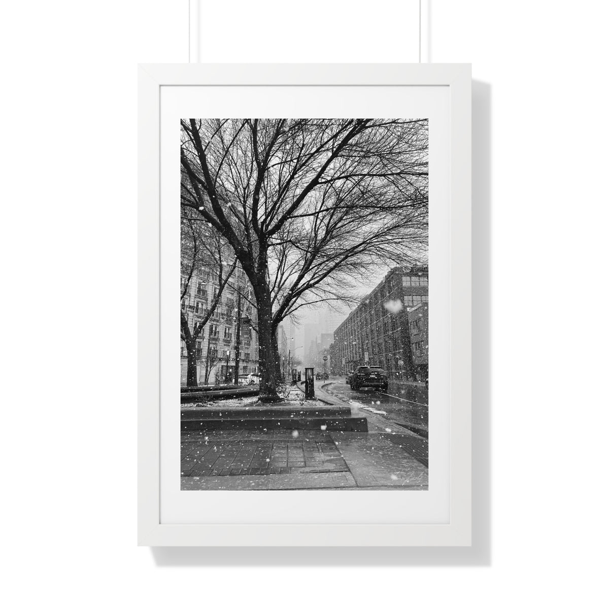 Snowfall Downtown - Framed Vertical Poster