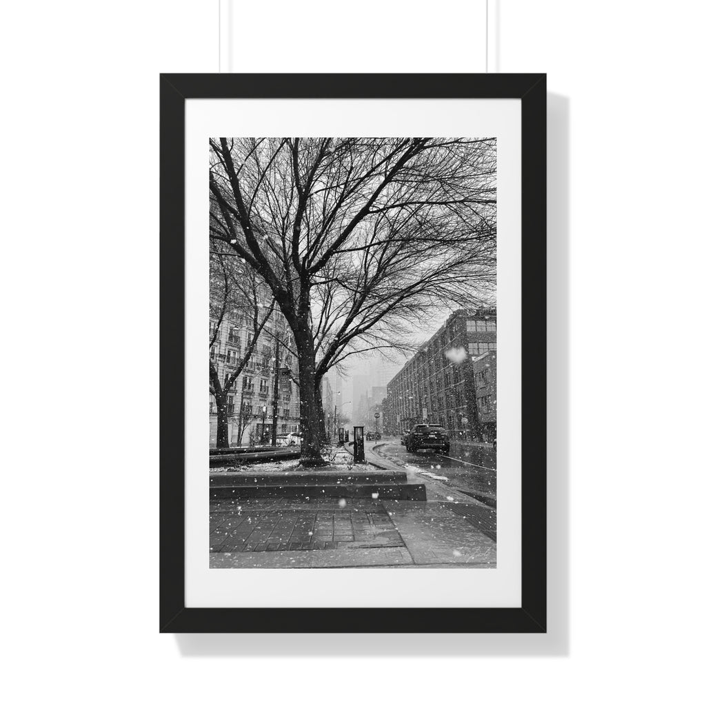 Snowfall Downtown - Framed Vertical Poster