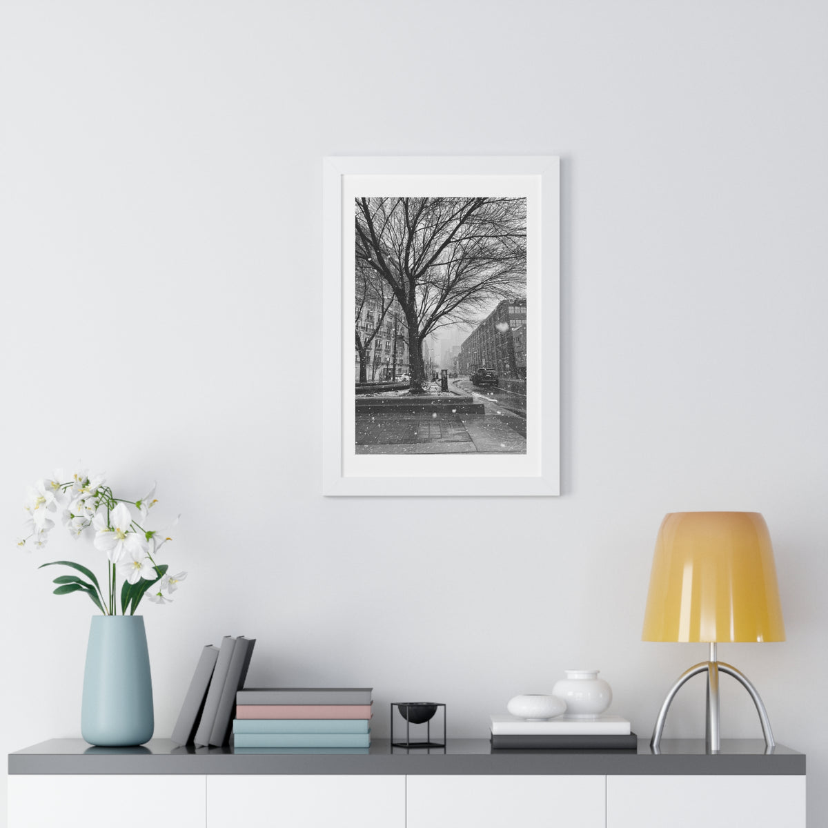 Snowfall Downtown - Framed Vertical Poster