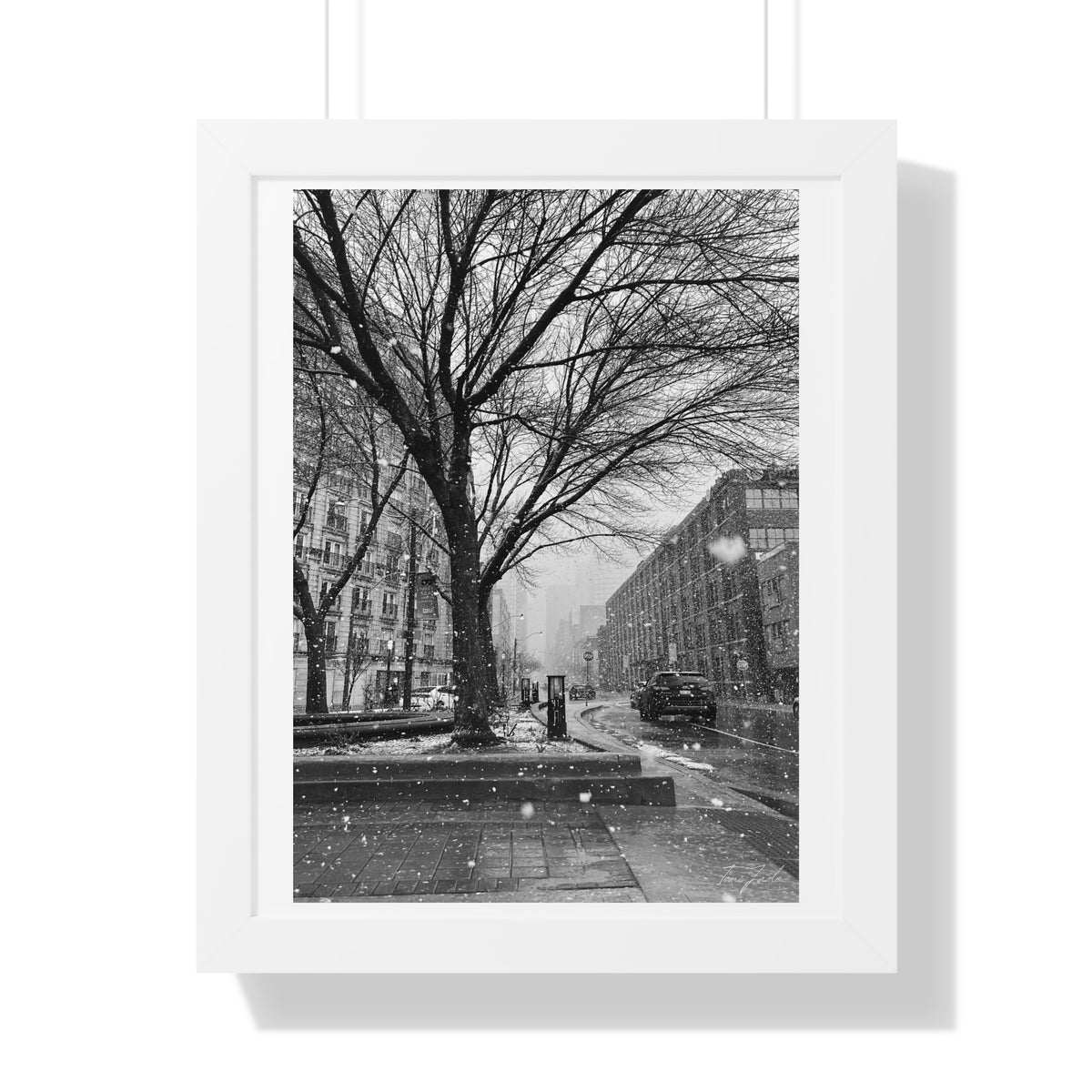 Snowfall Downtown - Framed Vertical Poster