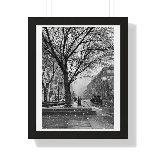 Snowfall Downtown - Framed Vertical Poster