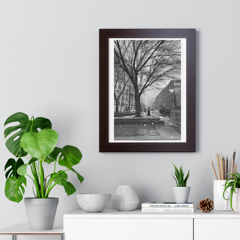 Snowfall Downtown - Framed Vertical Poster