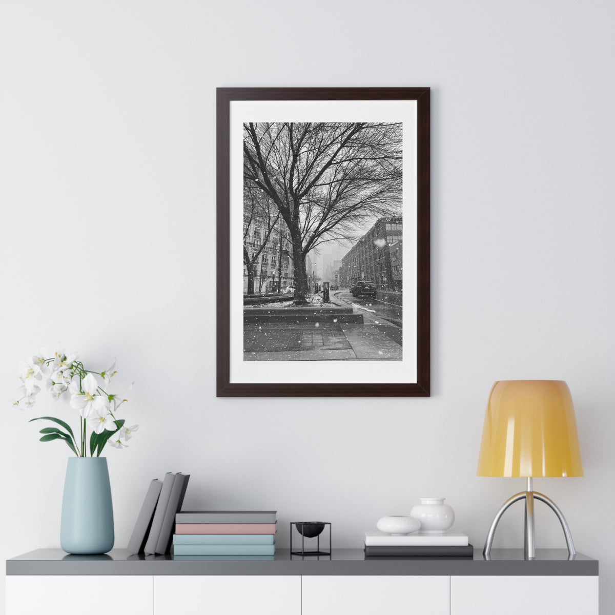 Snowfall Downtown - Framed Vertical Poster