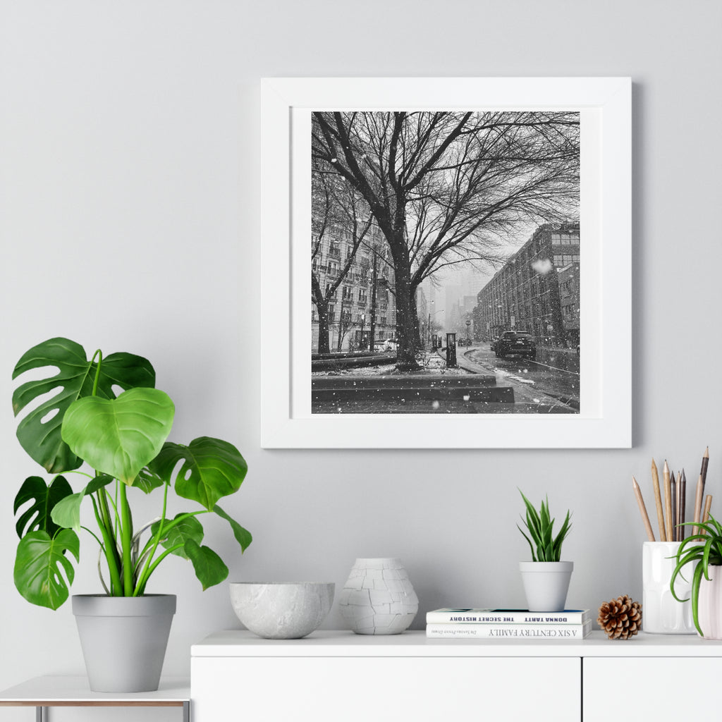 Snowfall Downtown - Framed Vertical Poster
