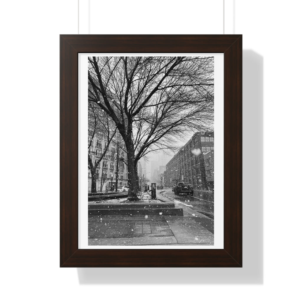 Snowfall Downtown - Framed Vertical Poster