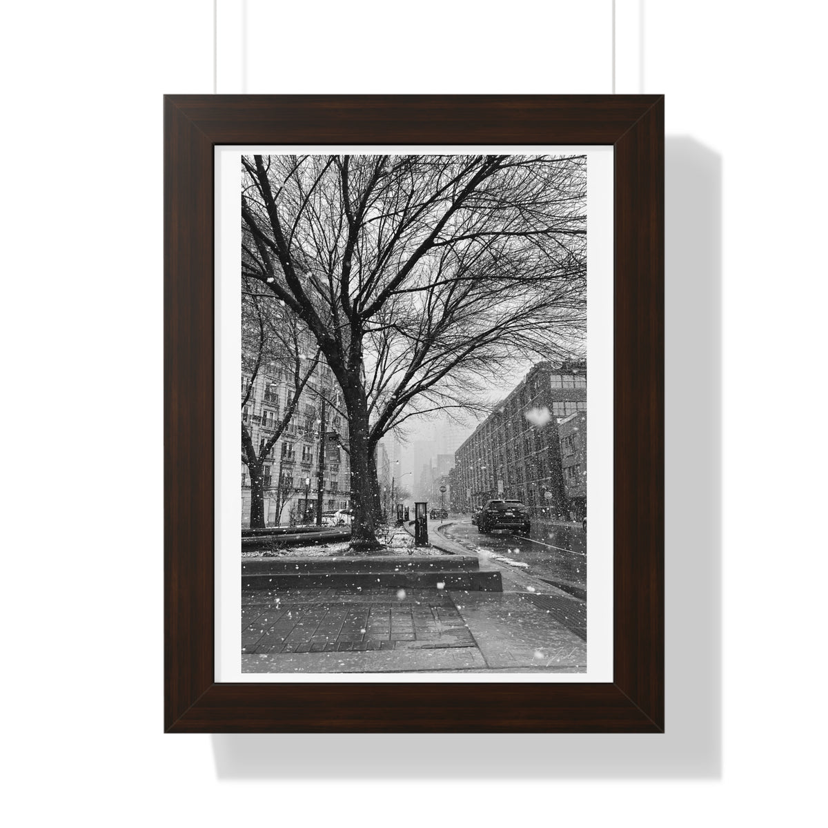 Snowfall Downtown - Framed Vertical Poster