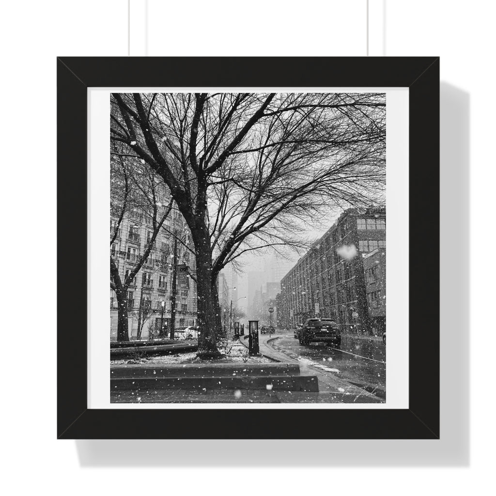 Snowfall Downtown - Framed Vertical Poster
