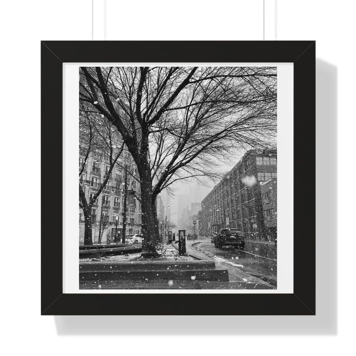Snowfall Downtown - Framed Vertical Poster