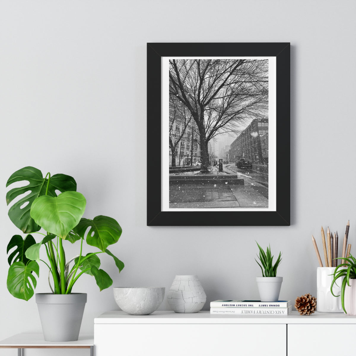 Snowfall Downtown - Framed Vertical Poster