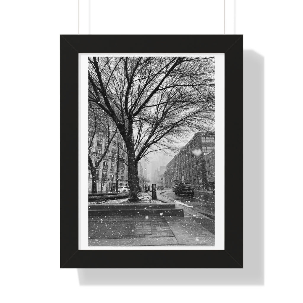Snowfall Downtown - Framed Vertical Poster