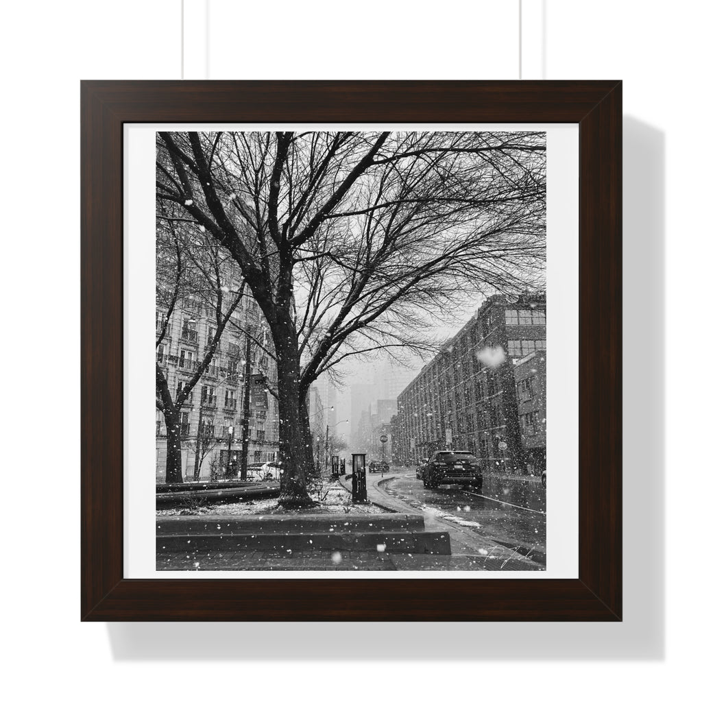 Snowfall Downtown - Framed Vertical Poster