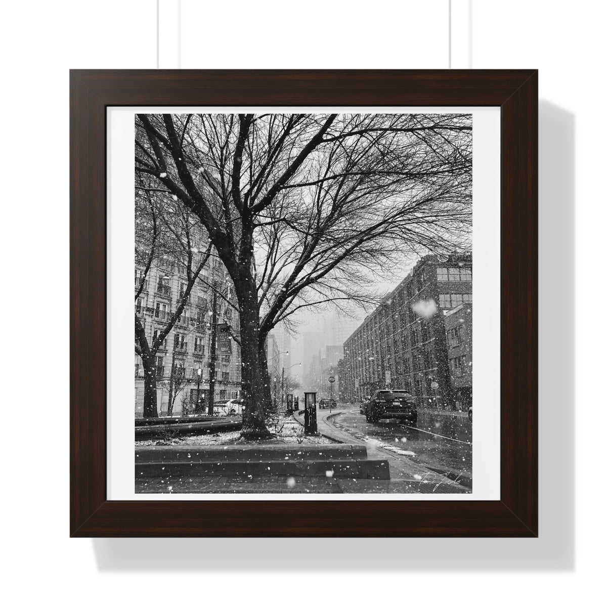 Snowfall Downtown - Framed Vertical Poster