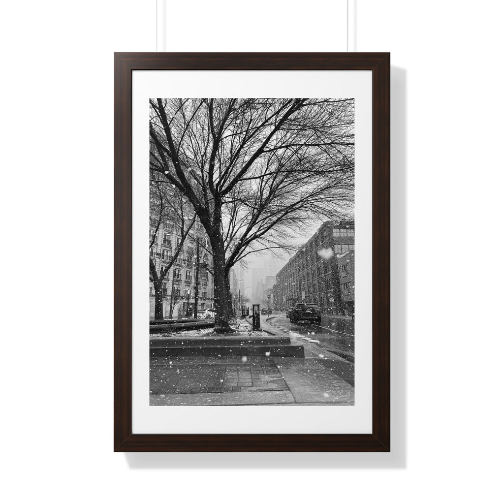 Snowfall Downtown - Framed Vertical Poster