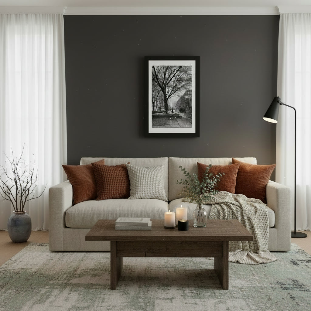 Snowfall Downtown - Framed Vertical Poster